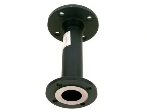 Schwarzes Rohr mit Flanschen, geeignet für Heizungsanwendungen. Produkt von Bosch, zeigt zwei Flansche und einen inneren Durchmesser.